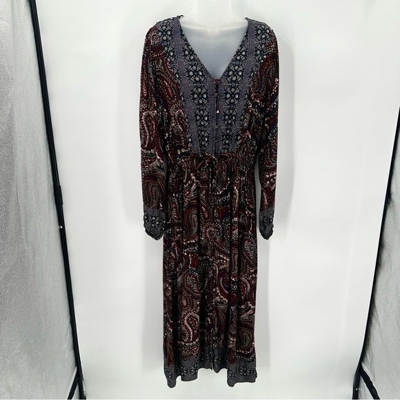 Knox Rose Dress Womens L Long Sleeve Button Front Boho Paisley Midi Witchycore - Picture 1 of 8